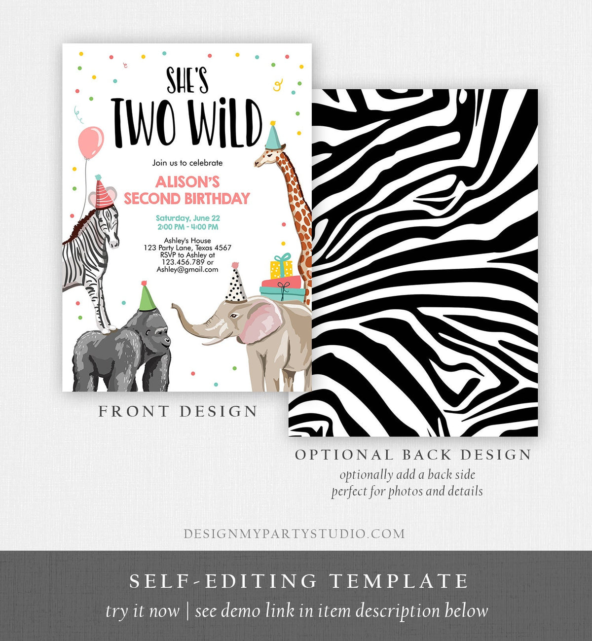 Editable Birthday Invitation Girl Two Wild Animals Invite Pink Safari Animals Zoo Instant Download Printable Template Digital Corjl 0142