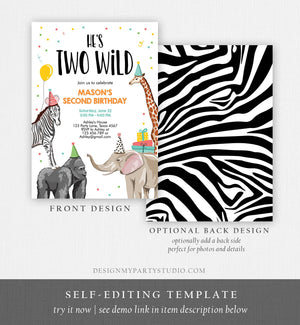 Editable Two Wild Birthday Invitation Safari Animals Party Jungle Zoo Animals Boy Party Animals Download Printable Corjl Template 0142