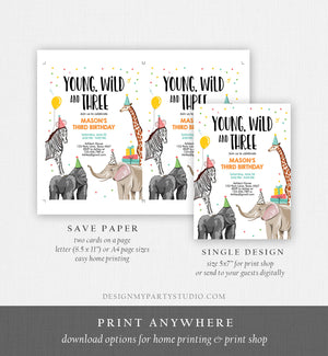 Editable Young Wild and Three Birthday Invitation Animals Invite Party Jungle Safari Boy 3rd Three Download Printable Template Corjl 0142
