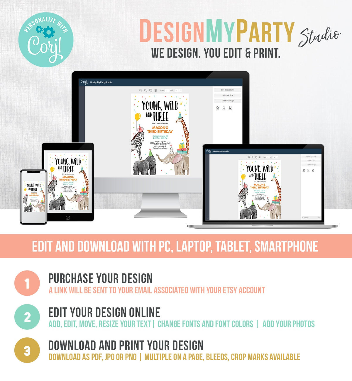 Editable Young Wild and Three Birthday Invitation Animals Invite Party Jungle Safari Boy 3rd Three Download Printable Template Corjl 0142