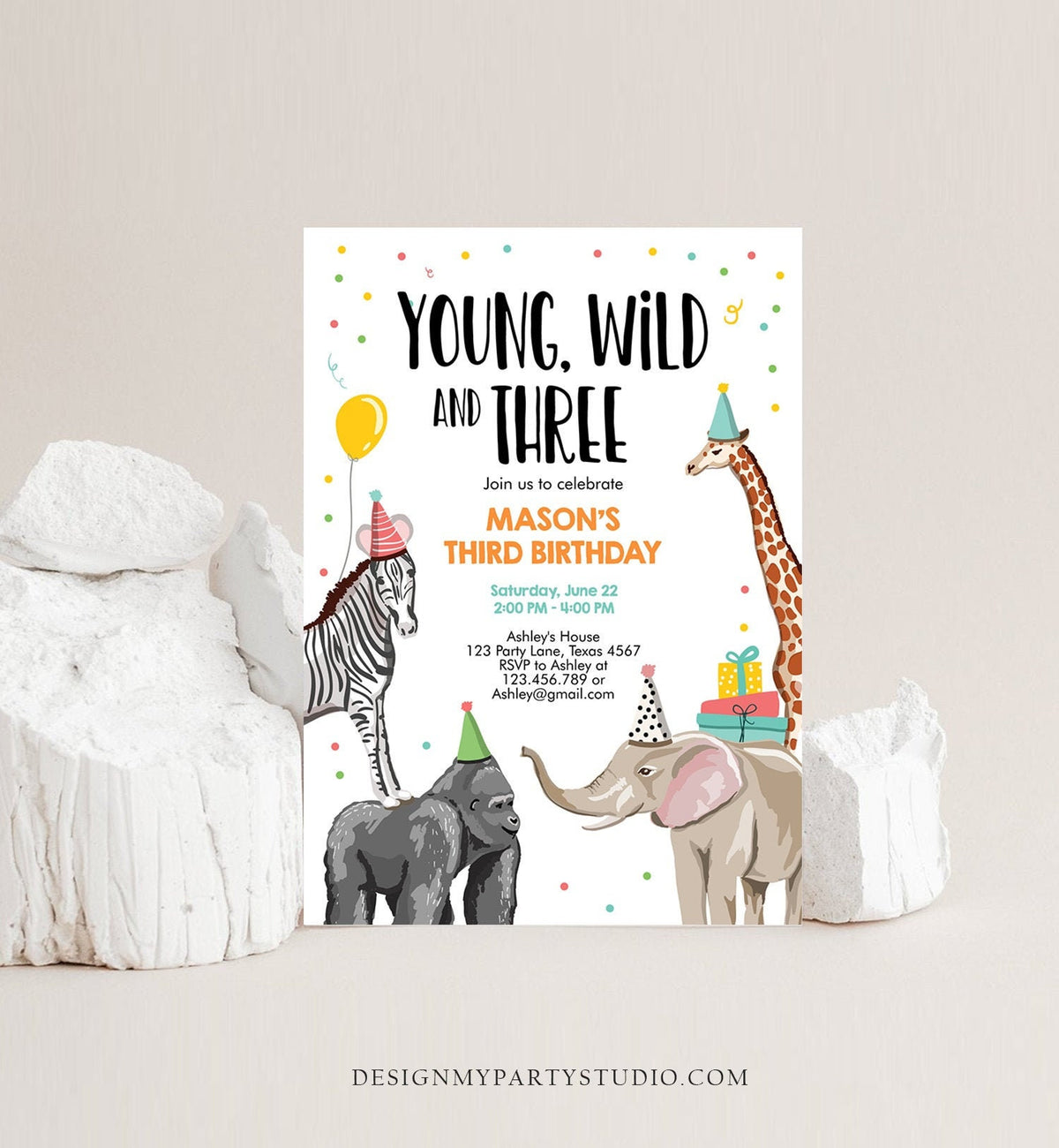 Editable Young Wild and Three Birthday Invitation Animals Invite Party Jungle Safari Boy 3rd Three Download Printable Template Corjl 0142