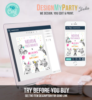 Editable Party Animals Welcome Sign Party Animal Sign Zoo Safari Welcome Jungle Sign Birthday Animals Girl Template PRINTABLE Corjl 0390