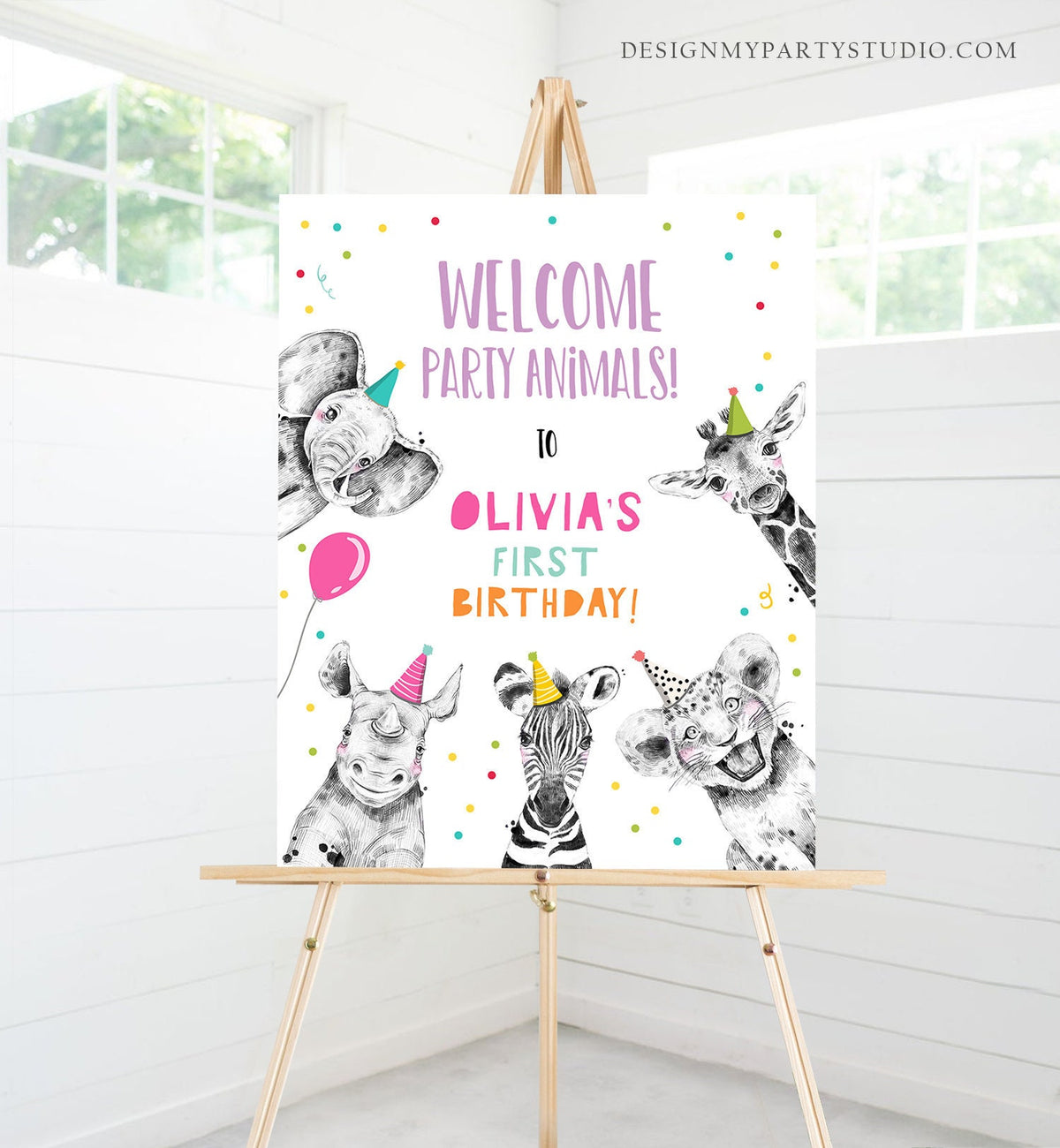 Editable Party Animals Welcome Sign Party Animal Sign Zoo Safari Welcome Jungle Sign Birthday Animals Girl Template PRINTABLE Corjl 0390