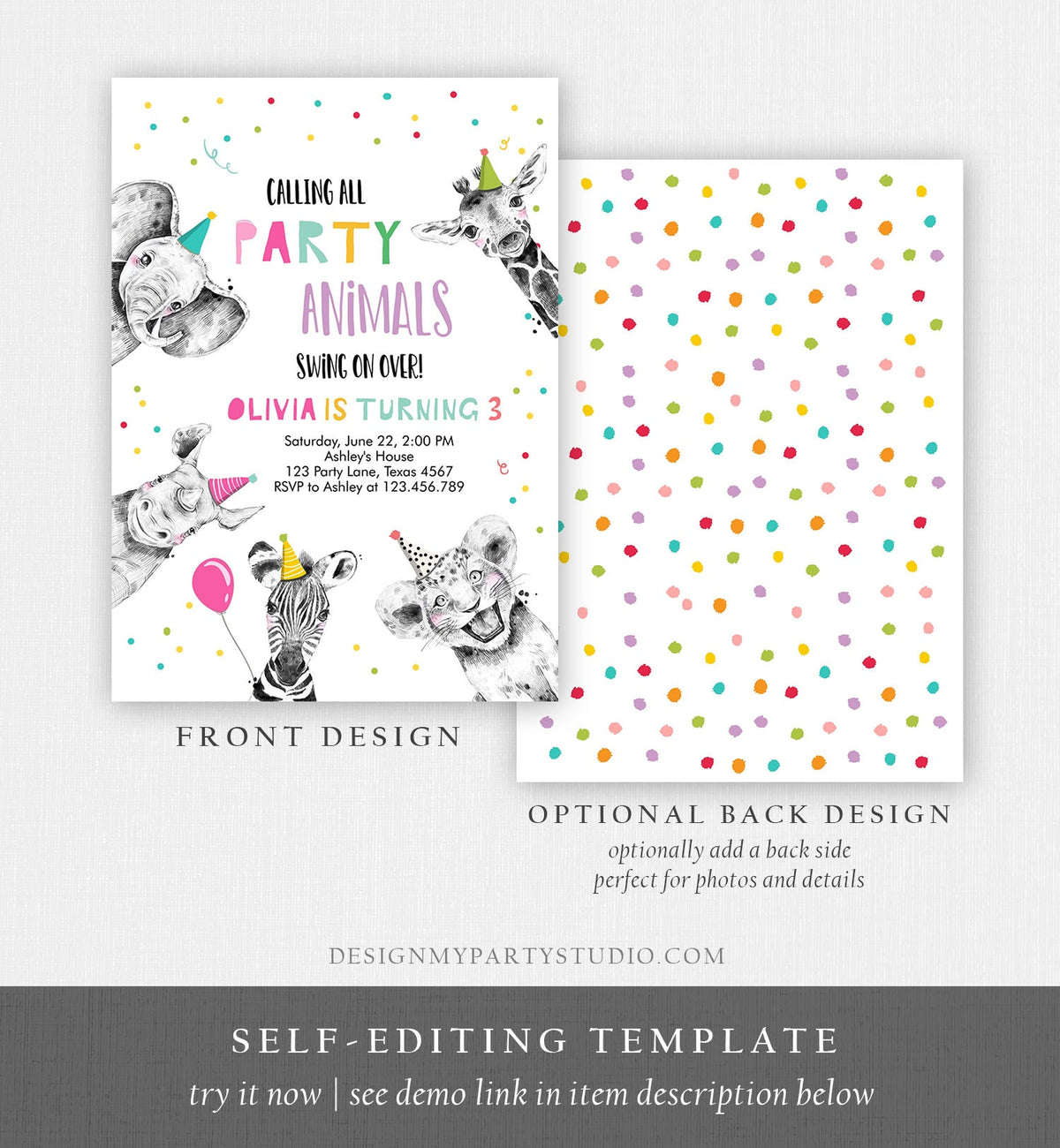 Editable Party Animals Birthday Invitation Wild One Animals Invitation Zoo Safari Animals Girl Download Printable Invite Template Corjl 0390