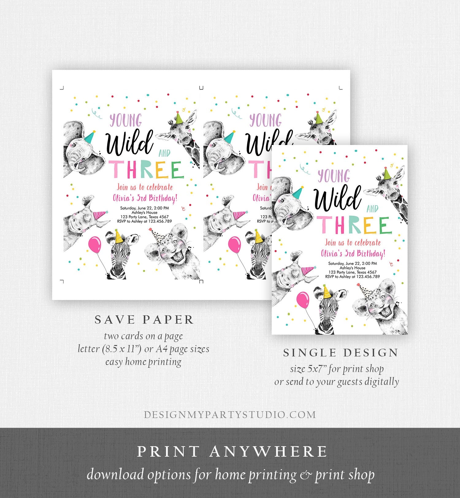 Editable Young Wild and Three Birthday Invitation Girl Pink and Gold Safari Party Animals Digital Download Evite Template Printable 0390