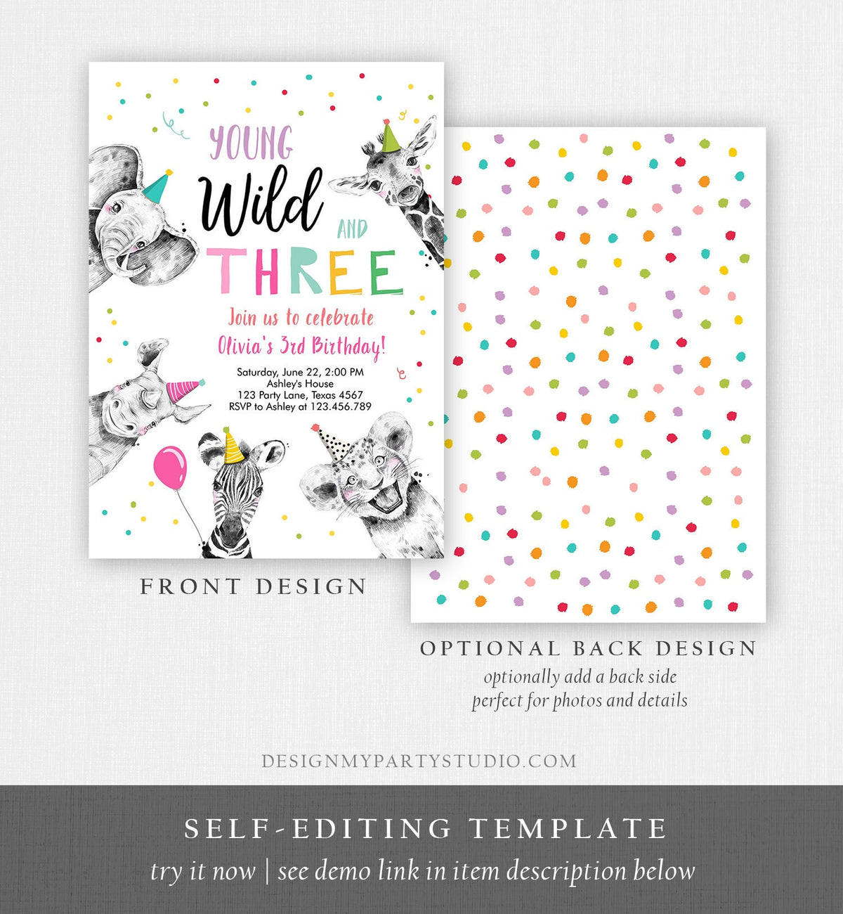 Editable Young Wild and Three Birthday Invitation Girl Pink and Gold Safari Party Animals Digital Download Evite Template Printable 0390