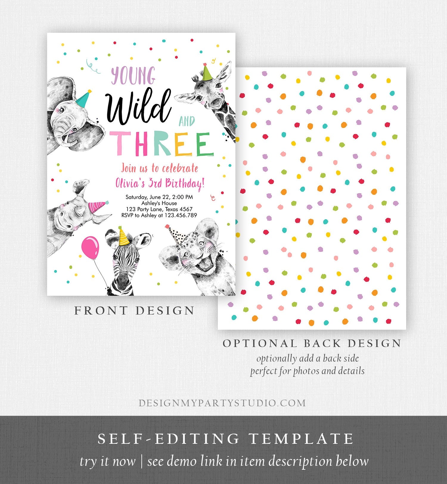 Editable Young Wild and Three Birthday Invitation Girl Pink and Gold Safari Party Animals Digital Download Evite Template Printable 0390