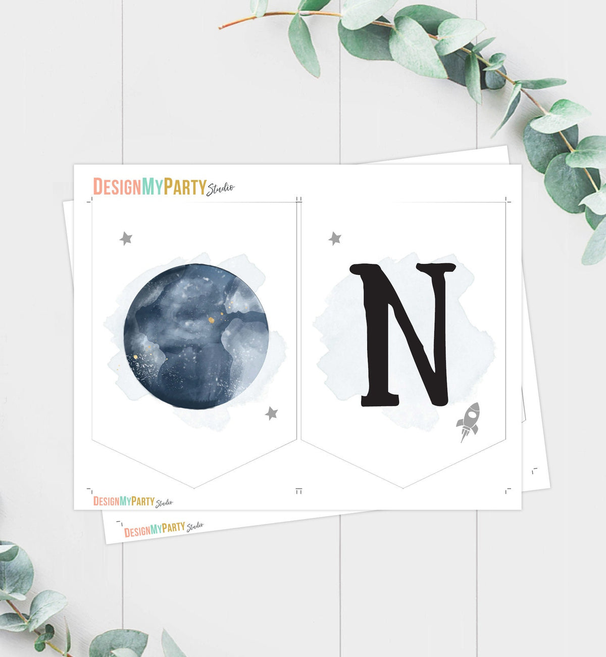 Outer Space Planets High Chair Banner Silver Astronaut Rocket 1st First Birthday Boy High Chair ONE Banner Party Digital Printable 0357