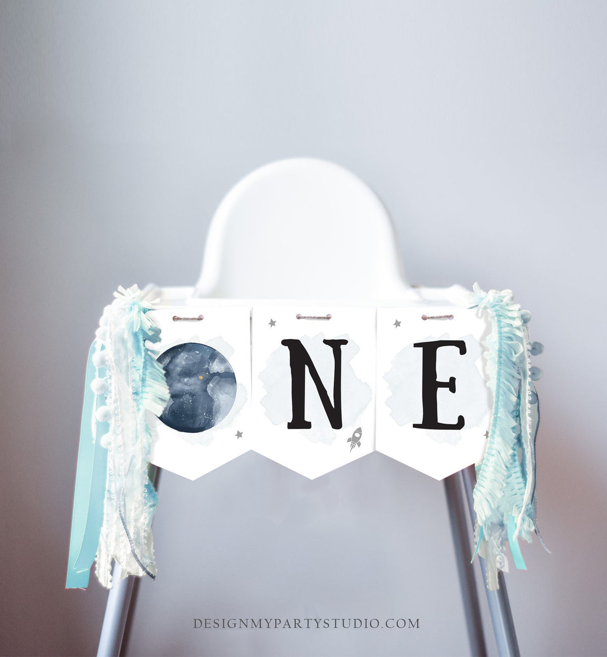 Outer Space Planets High Chair Banner Silver Astronaut Rocket 1st First Birthday Boy High Chair ONE Banner Party Digital Printable 0357
