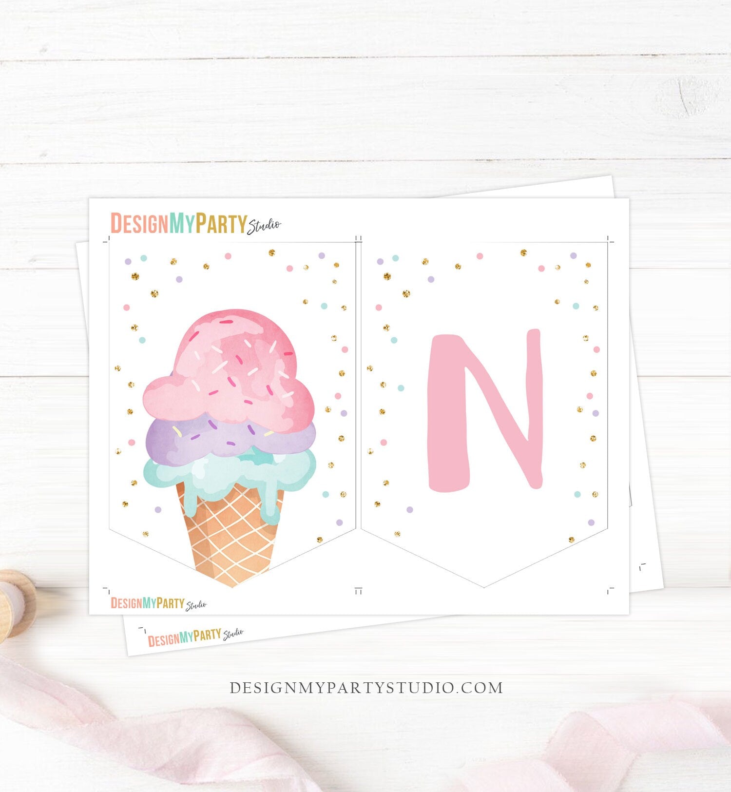 Ice Cream High Chair Banner Pink Mint Gold Ice Cream 1st First Birthday Girl High Chair ONE Banner Party Summer Scoop PRINTABLE Digital 0243