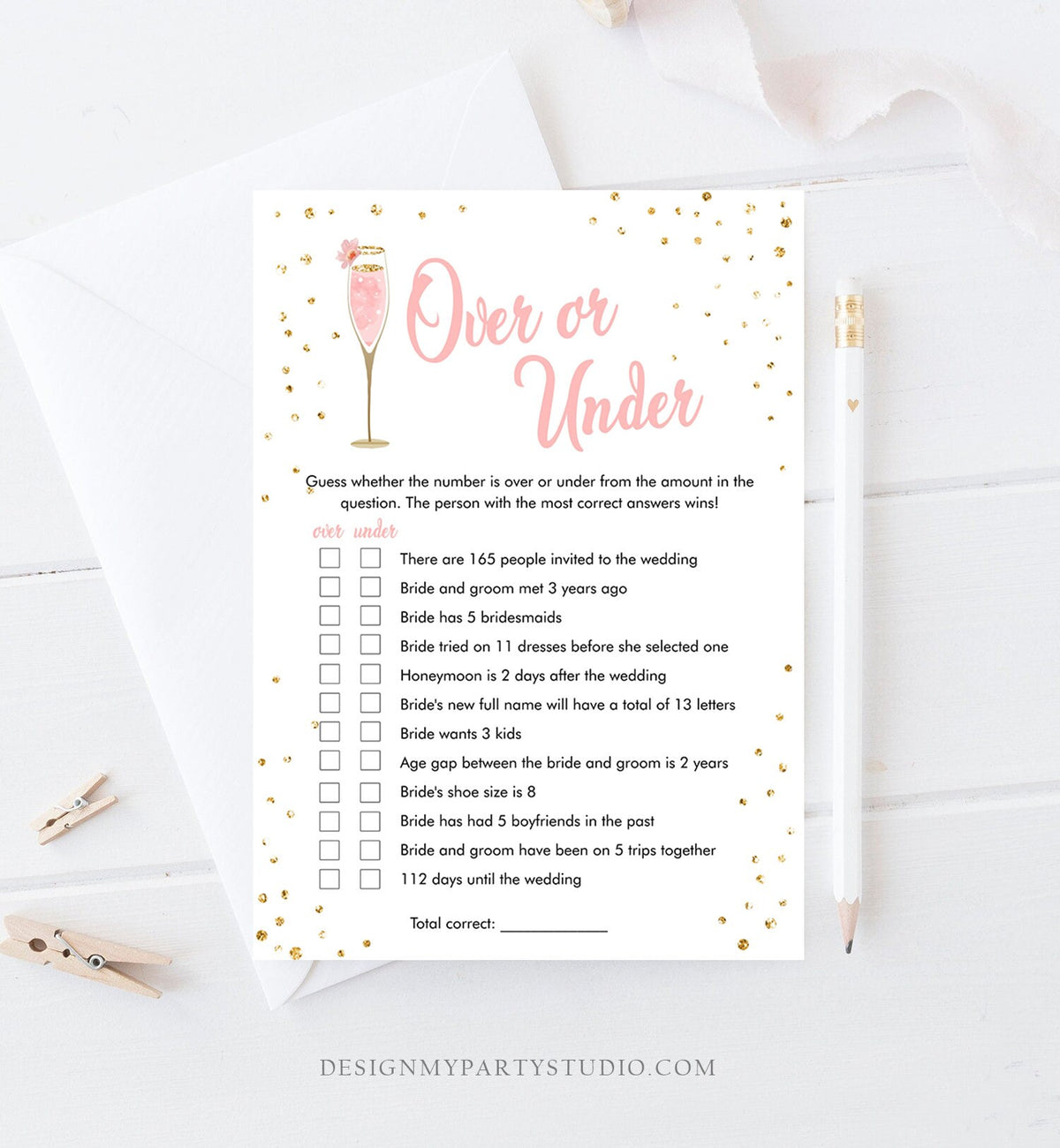 Editable Over or Under Bridal Shower Game Brunch and Bubbly More or Less Guess Wedding Shower Activity Gold Corjl Template Printable 0150