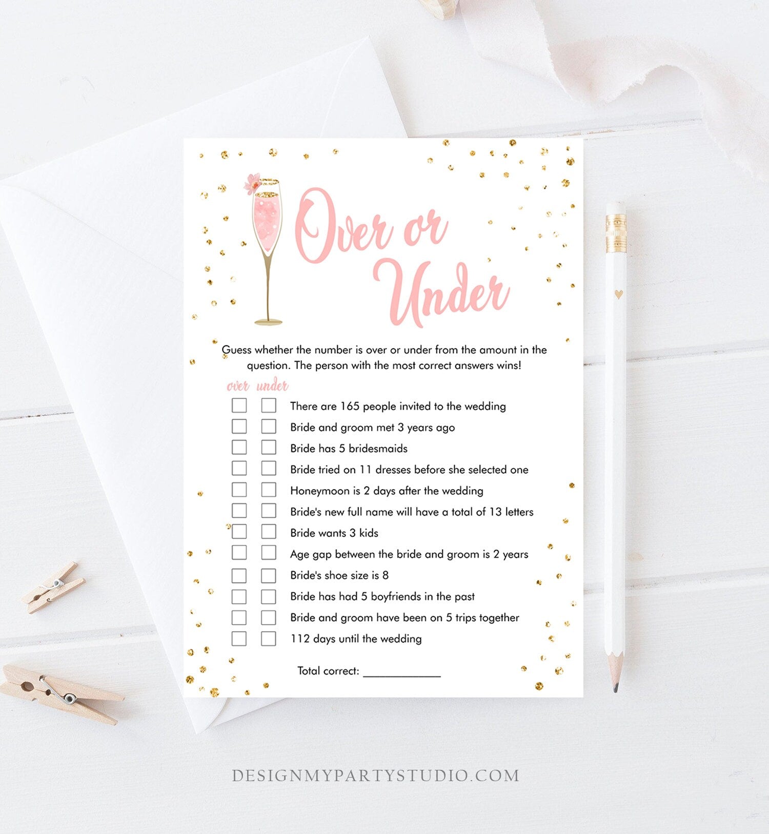 Editable Over or Under Bridal Shower Game Brunch and Bubbly More or Less Guess Wedding Shower Activity Gold Corjl Template Printable 0150