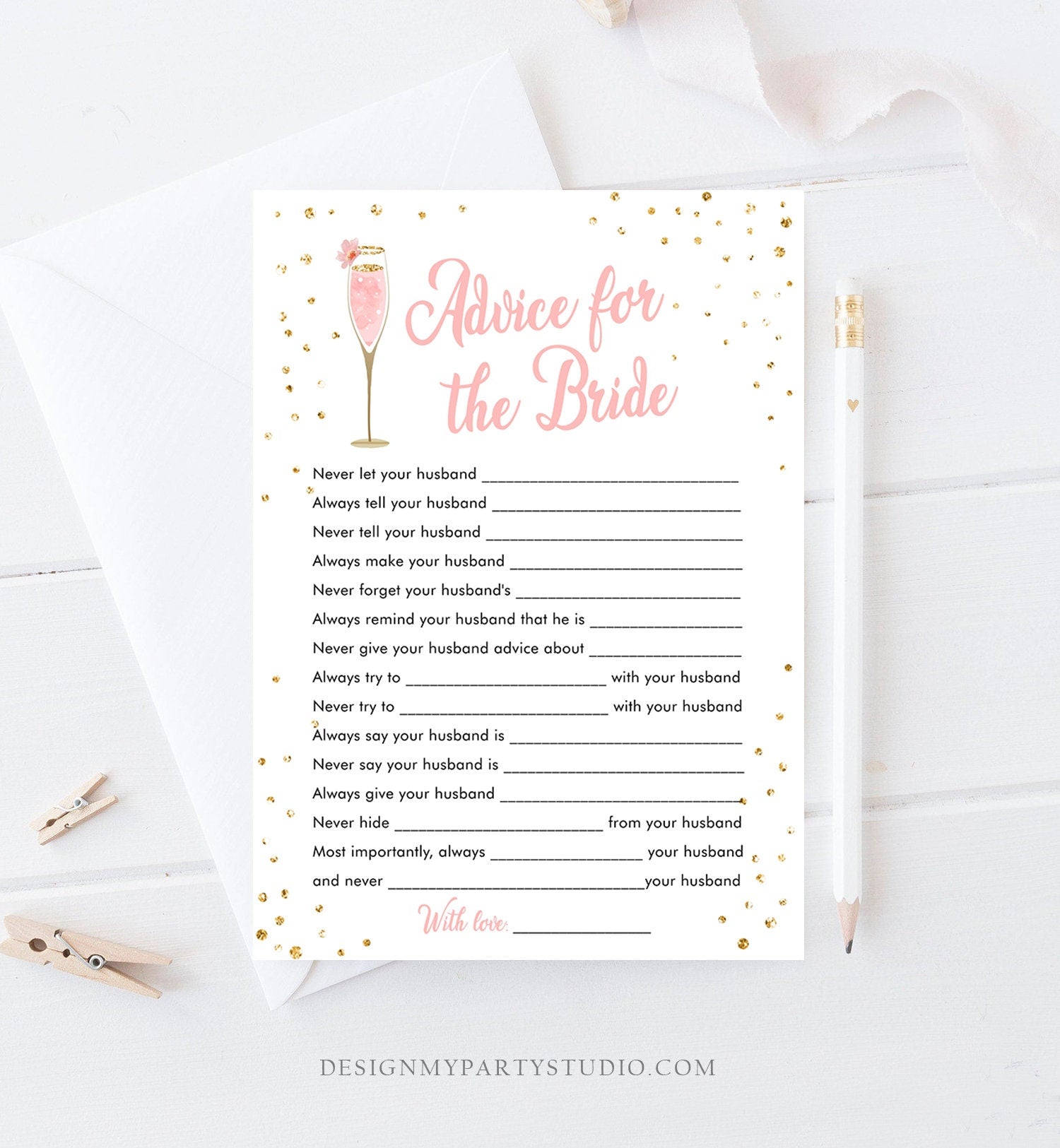 Editable Advice for the Bride to Be Brunch and Bubbly Bridal Shower Game Words of Wisdom Champagne Pink Floral Corjl Template Printable 0150