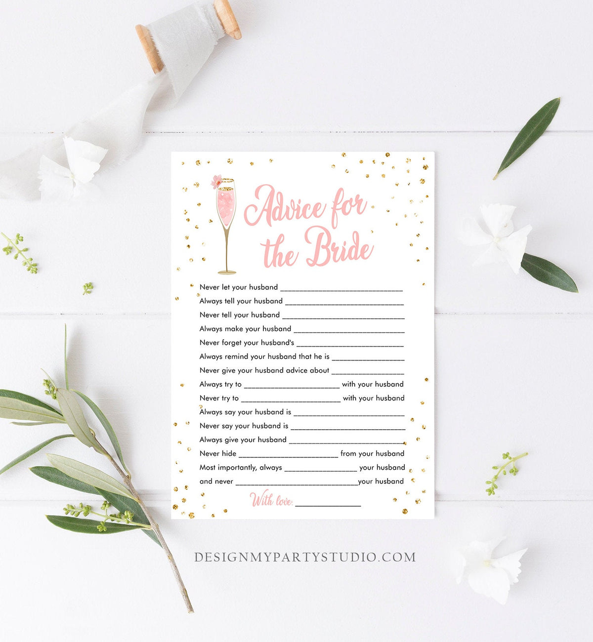 Editable Advice for the Bride to Be Brunch and Bubbly Bridal Shower Game Words of Wisdom Champagne Pink Floral Corjl Template Printable 0150