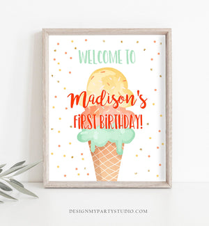 Editable Ice Cream Party Welcome Sign ice Cream Birthday Welcome Ice Cream Welcome Girl Summer Orange Yellow Template PRINTABLE Corjl 0243