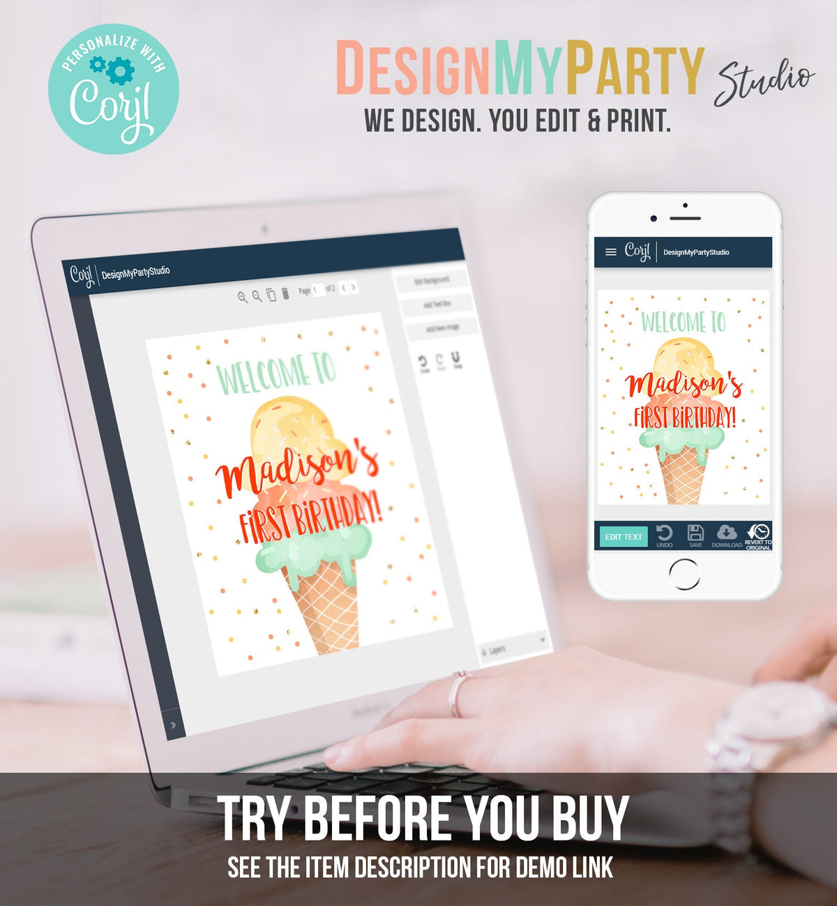 Editable Ice Cream Party Welcome Sign ice Cream Birthday Welcome Ice Cream Welcome Girl Summer Orange Yellow Template PRINTABLE Corjl 0243