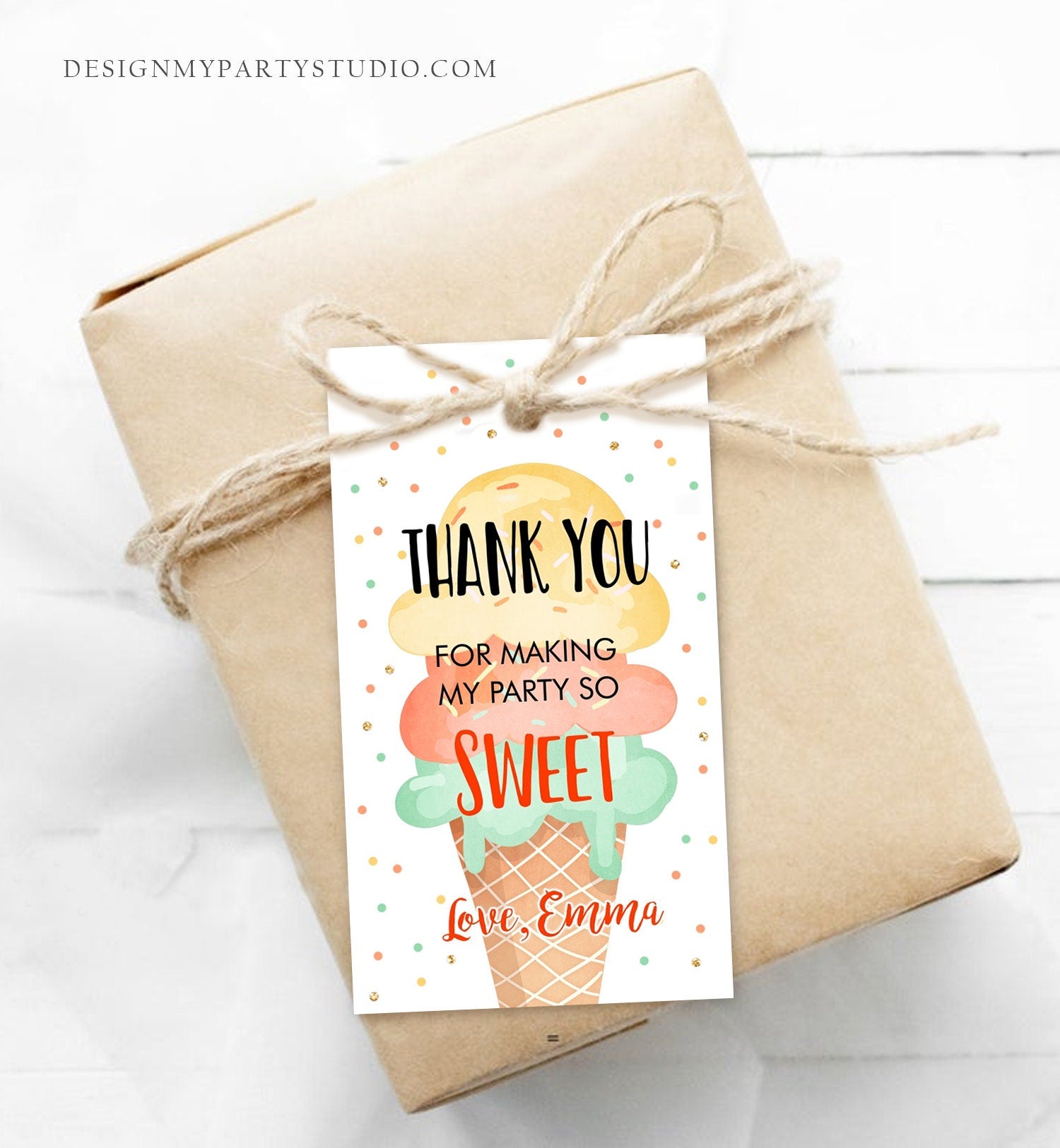 Editable Ice Cream Favor Thank You Tags Ice Cream Birthday Party Girl Yellow Mint Gift Goodie Bag Labels Digital Template Printable 0243