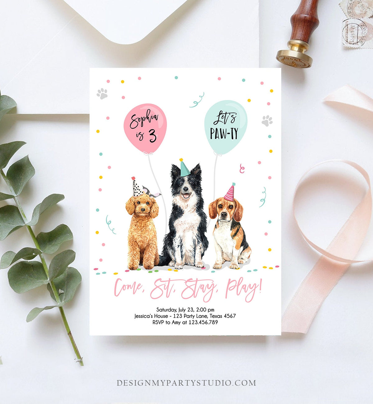 Editable Dog Birthday Party Invitation Puppy Birthday Invite Pink Girl Doggy Shelter Animal Pet Vet Digital Download Template Printable 0384