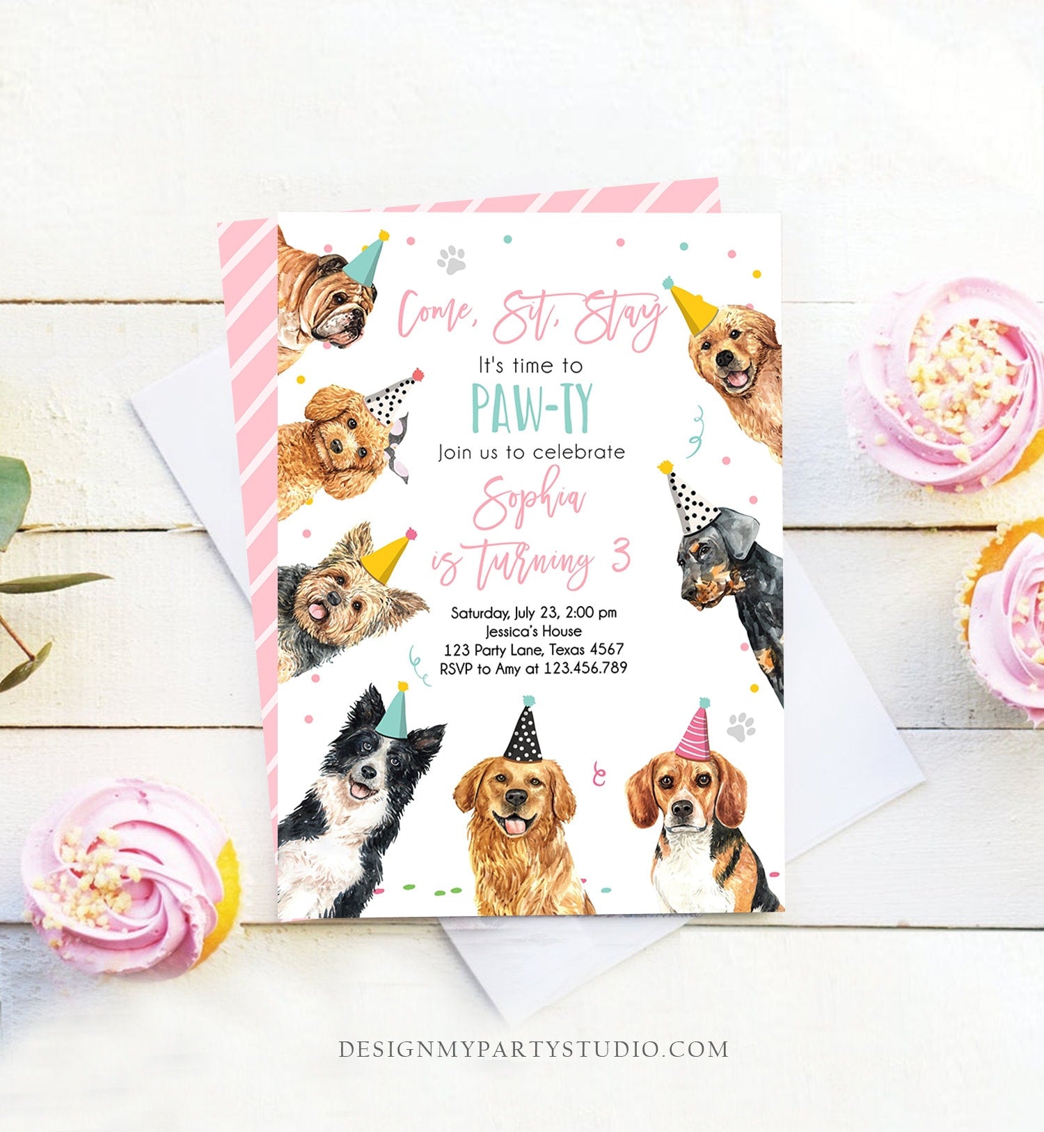 Editable Dog Birthday Party Invitation Puppy Birthday Invite Pink Girl Doggy Shelter Animal Pet Vet Download Printable Template Corjl 0384