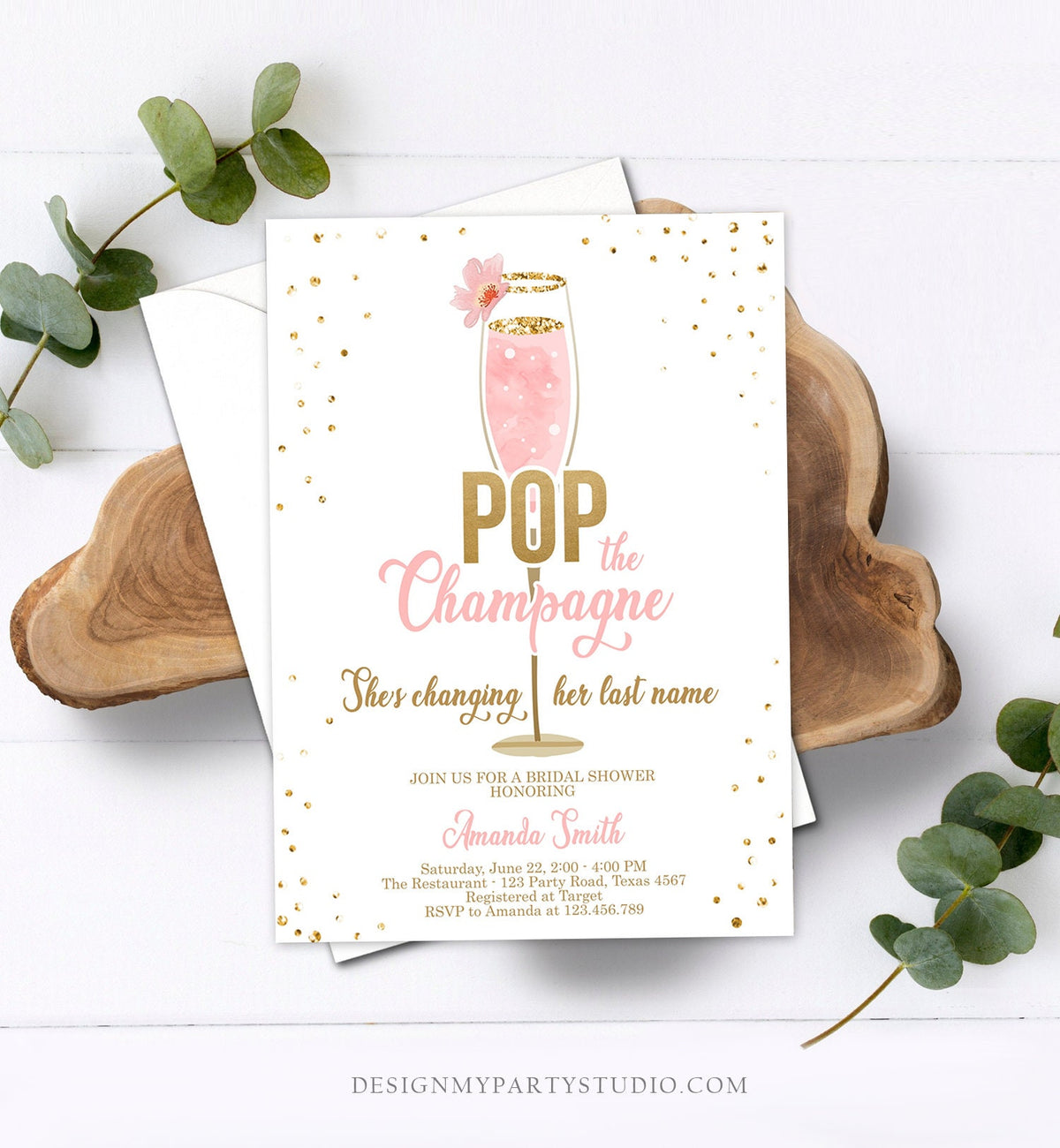 Editable Pop the Champagne Bridal Shower Invitation Shes Changing her Last Name Pink Engagement Party Download Evite Template Printable 0150