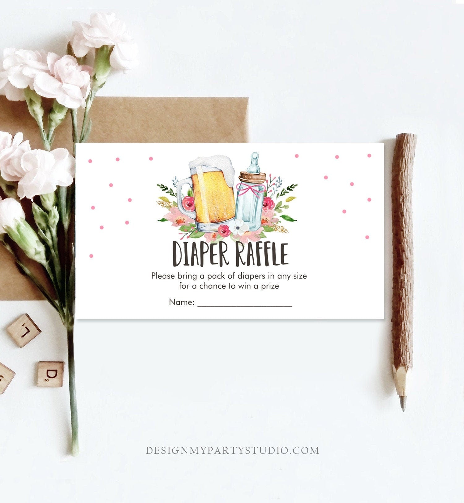 Editable Diaper Raffle Ticket Diaper Game Card Baby is Brewing Baby Shower Girl Beers Bottles Digital Download Template Printable 0190