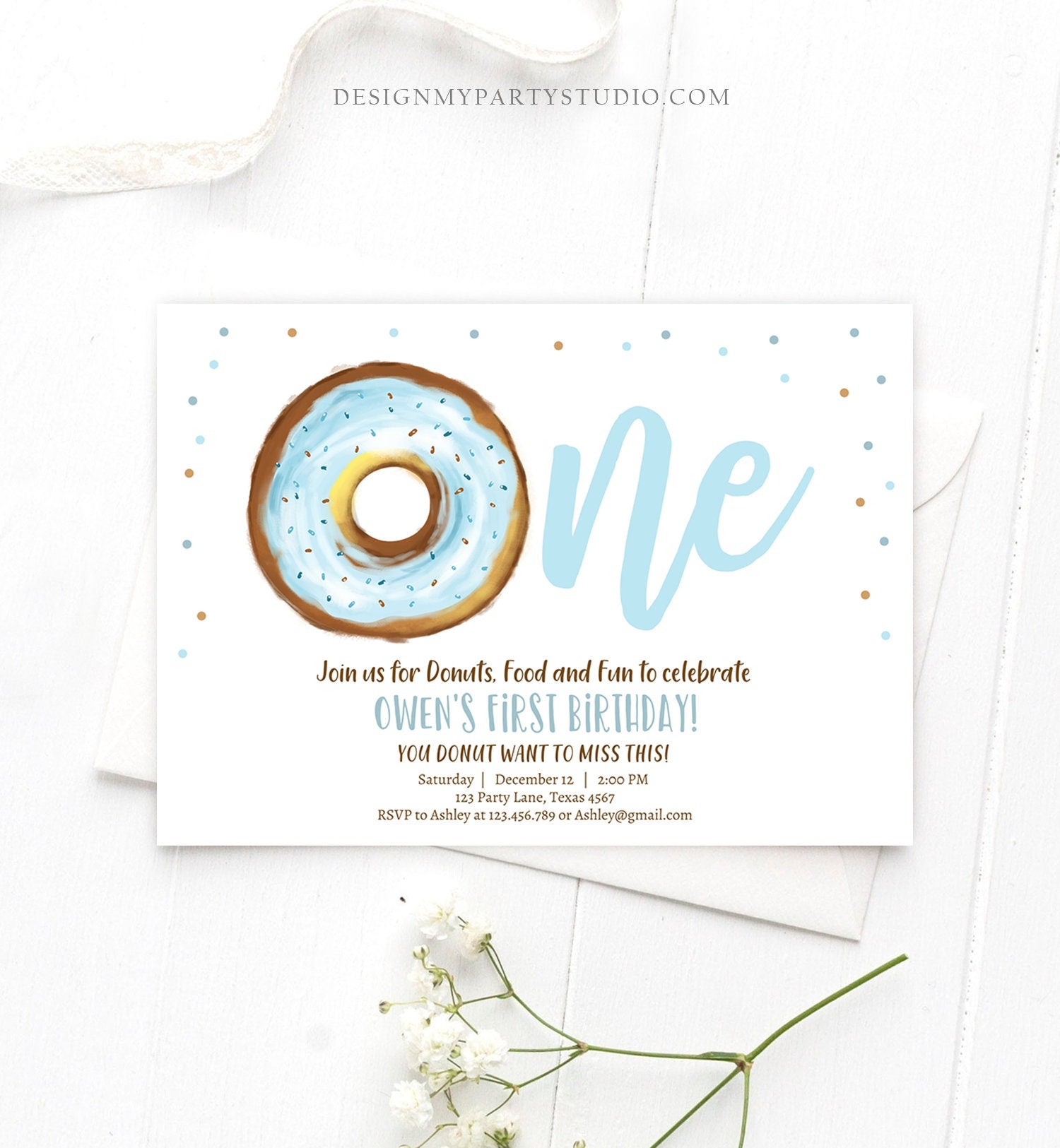 Editable Donut 1st Birthday Invitation Donut Birthday Invite Blue Donut Sweet Boy Boys First Birthday Download Printable Template Corjl 0368