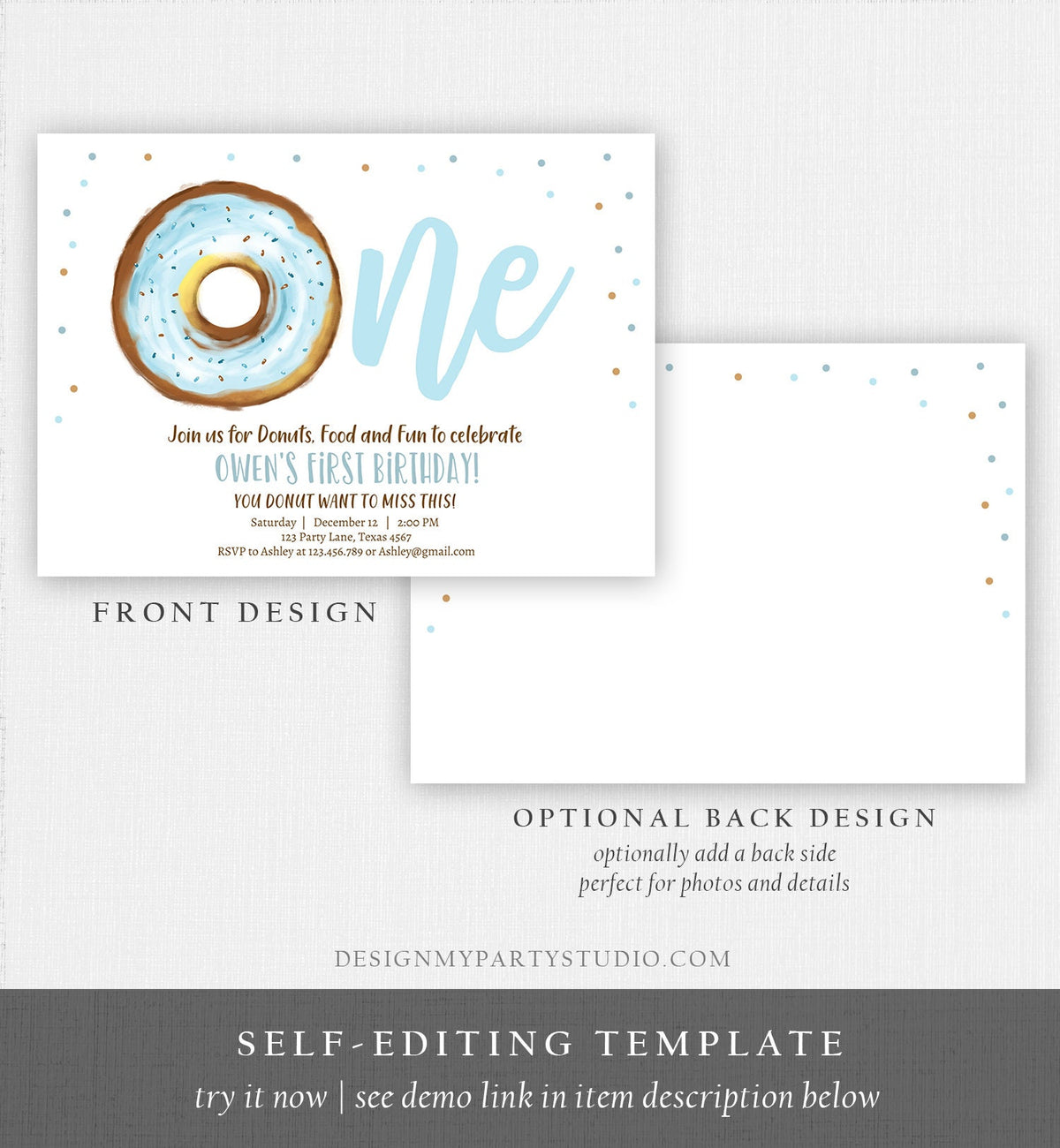 Editable Donut 1st Birthday Invitation Donut Birthday Invite Blue Donut Sweet Boy Boys First Birthday Download Printable Template Corjl 0368
