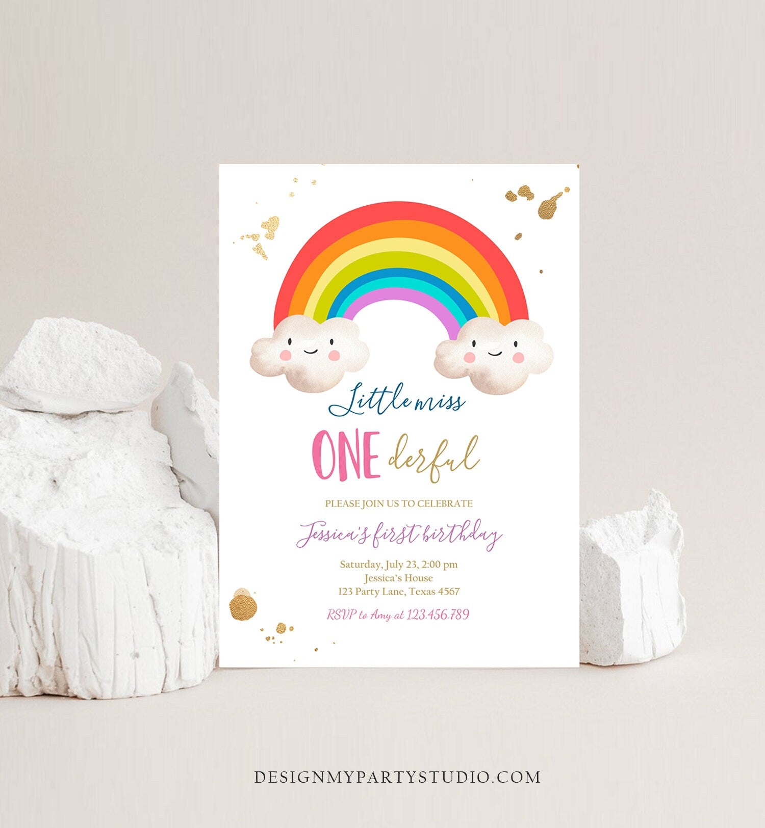Editable Rainbow Birthday Invitation Little Miss Onederful Rainbow Colors First Birthday 1st Girl Printable Corjl Template Digital