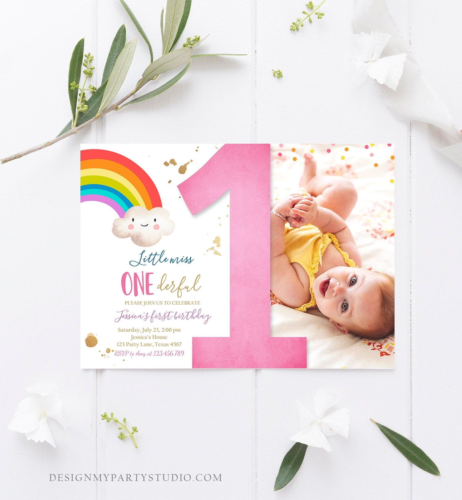 Editable Rainbow 1st Birthday Invitation Little Miss Onederful Rainbow Colors First Birthday Girl Colorful Printable Corjl Template Digital