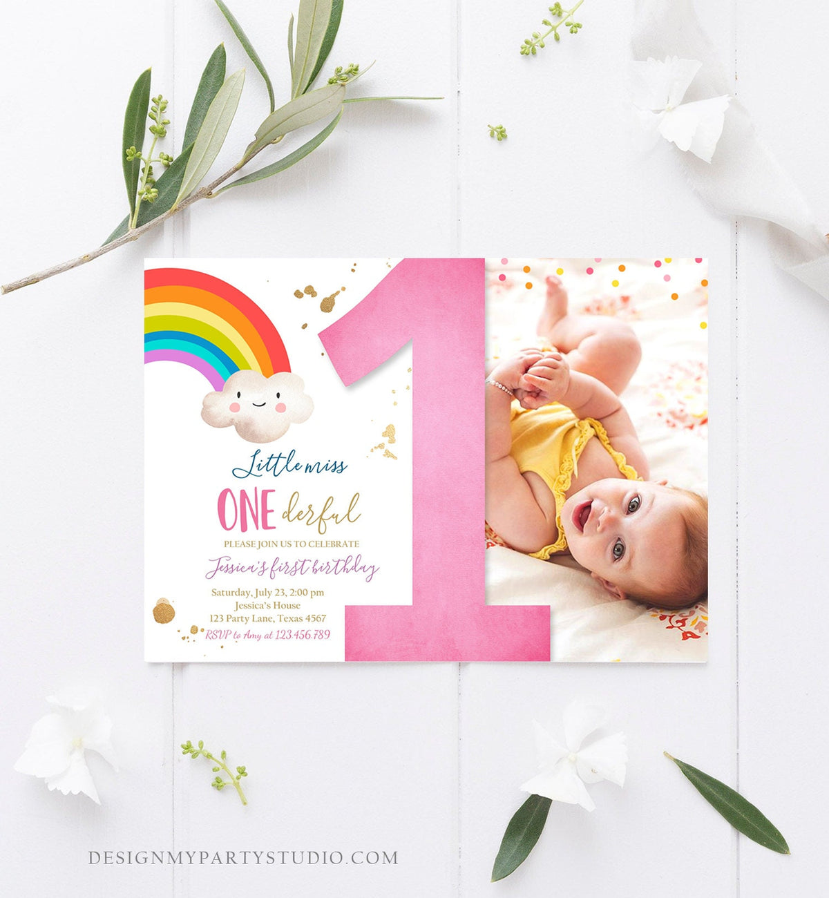 Editable Rainbow 1st Birthday Invitation Little Miss Onederful Rainbow Colors First 1st Girl Colorful Digital Download Template Printable
