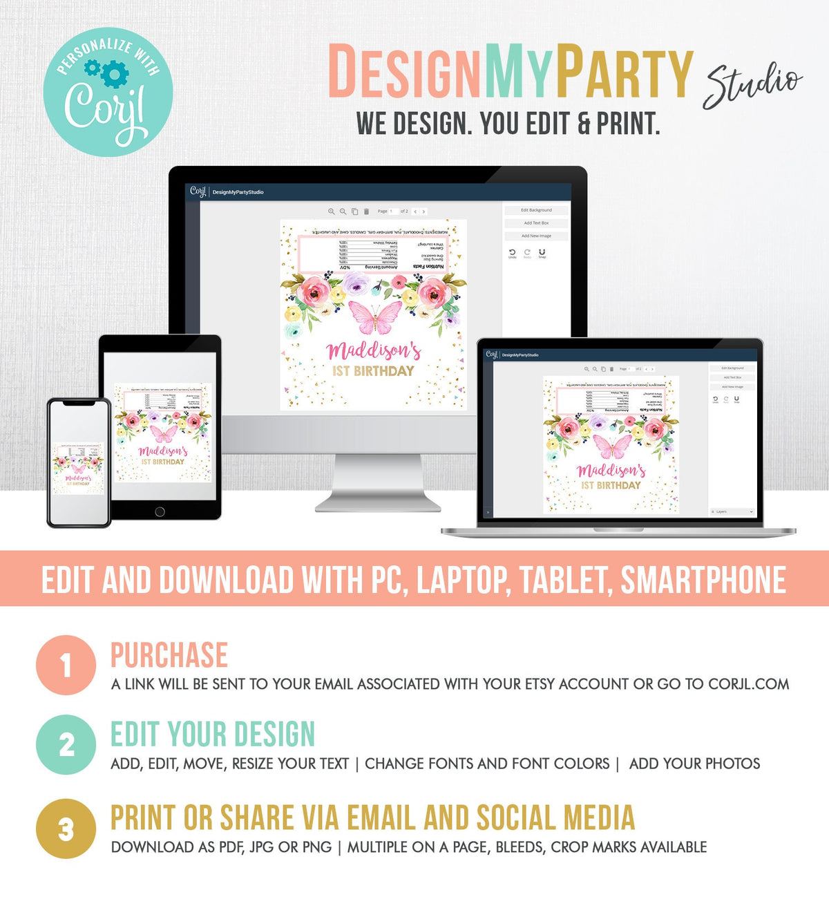 Editable Butterfly Candy Bar Wrapper Girl Birthday Candy Bar Wrapper Garden Outdoor Spring Gold Pink Thank You Gift Printable Digital 0162