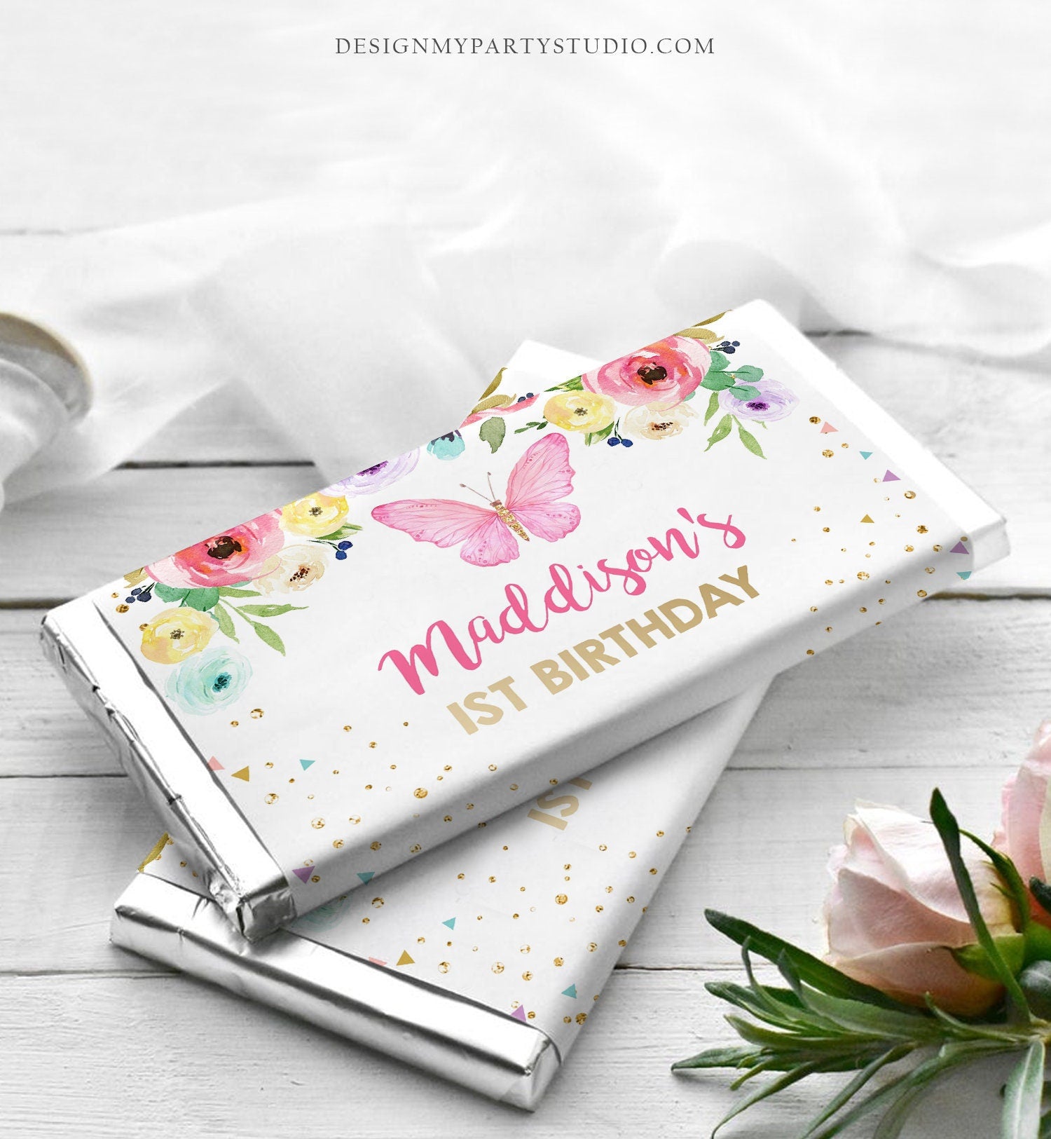 Editable Butterfly Candy Bar Wrapper Girl Birthday Candy Bar Wrapper Garden Outdoor Spring Gold Pink Thank You Gift Printable Digital 0162