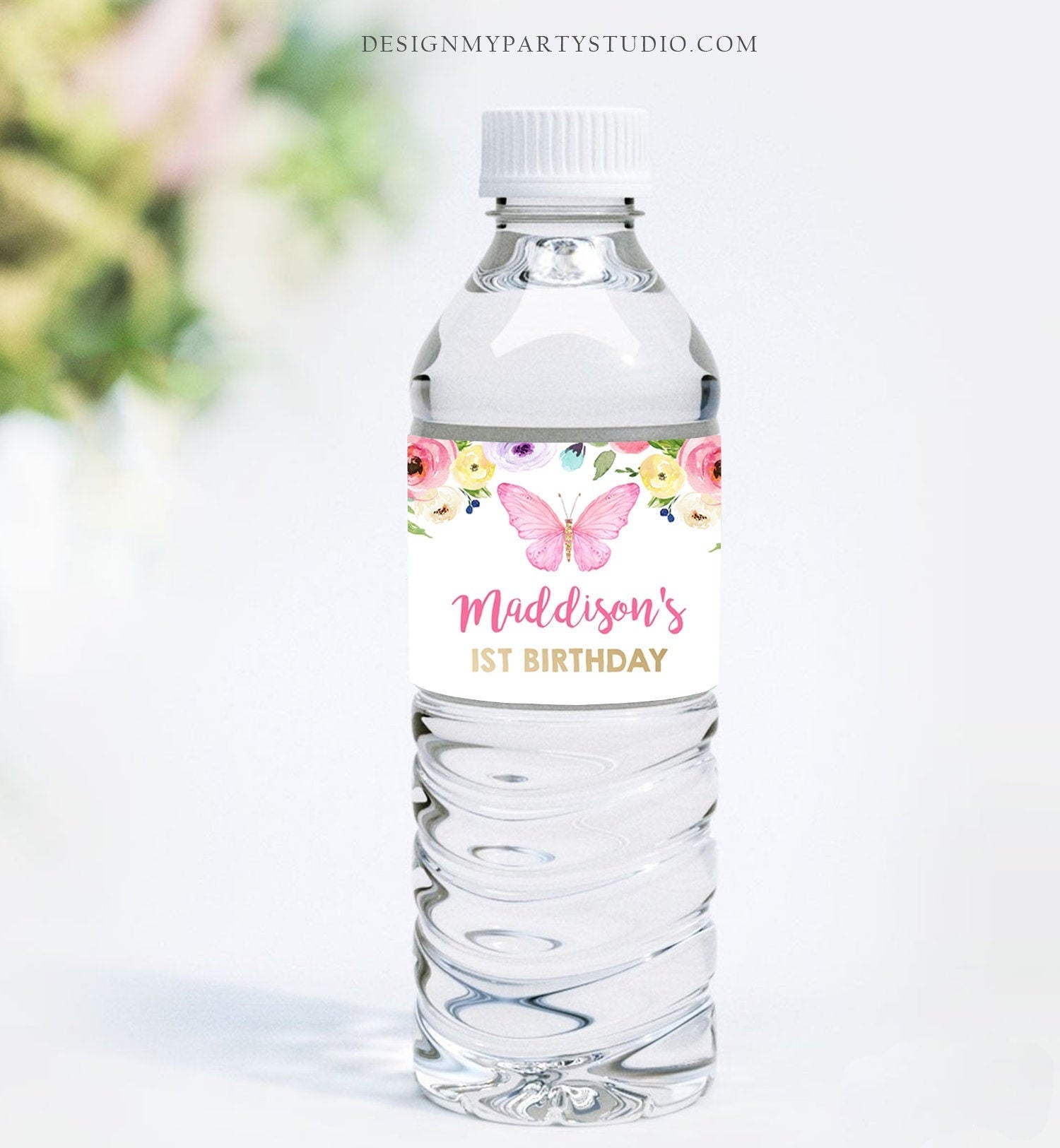 Editable Butterfly Water Bottle Label Girl First Birthday Party Garden Pink Gold Spring Drinks Labels Download Printable Template Corjl 0162