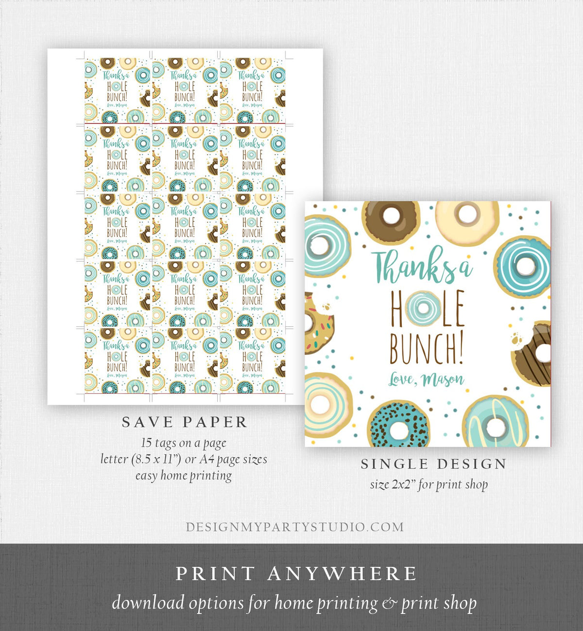 Editable Donut Favor Tags Donut Birthday Thank You A hole Bunch Tag Donut Stickers Boy Blue Donut Dough Tags Round Template Corjl 0050