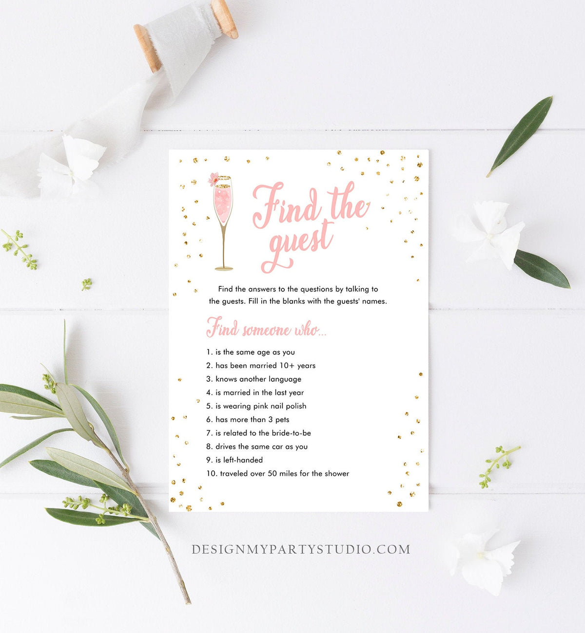 Editable Find the Guest Bridal Shower Game Brunch and Bubbly Search For Guest Wedding Shower Activity Gold Corjl Template Printable 0150
