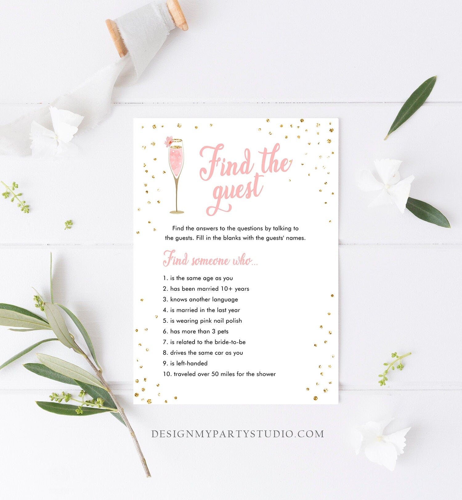 Editable Find the Guest Bridal Shower Game Brunch and Bubbly Search For Guest Wedding Shower Activity Gold Corjl Template Printable 0150
