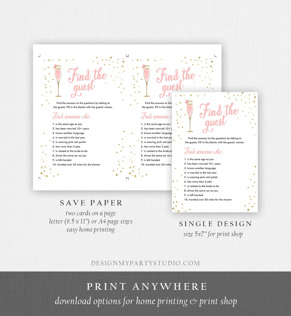 Editable Find the Guest Bridal Shower Game Brunch and Bubbly Search For Guest Wedding Shower Activity Gold Corjl Template Printable 0150