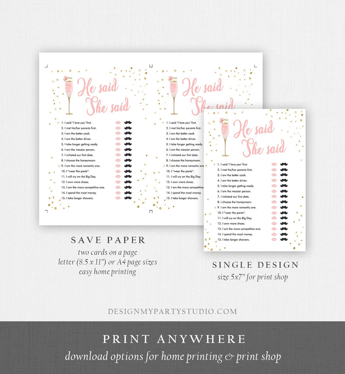 Editable He Said She Said Bridal Shower Game Brunch and Bubbly Bride or Groom Wedding Activity Gold Digital Download Template Printable 0150