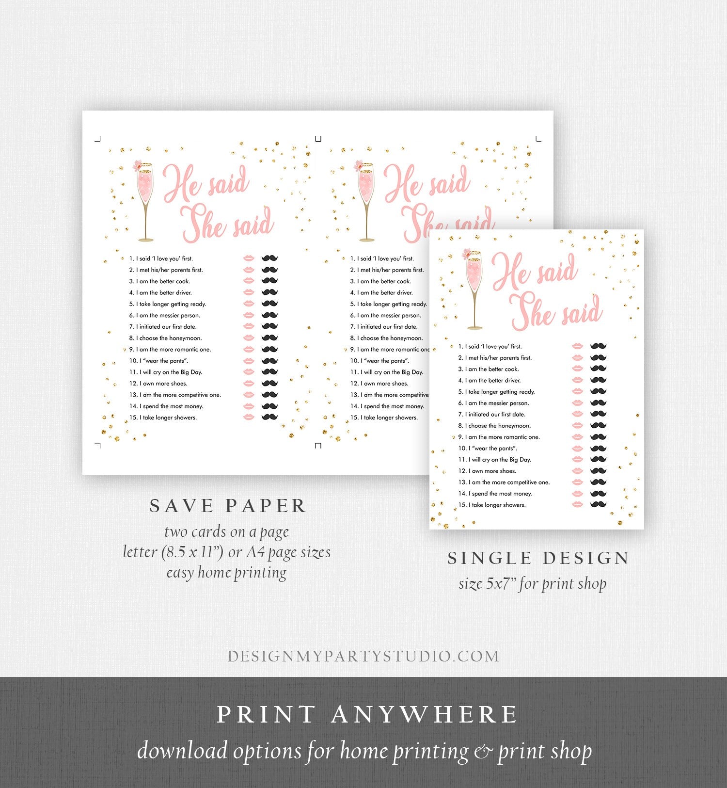 Editable He Said She Said Bridal Shower Game Brunch and Bubbly Bride or Groom Wedding Activity Gold Digital Download Template Printable 0150