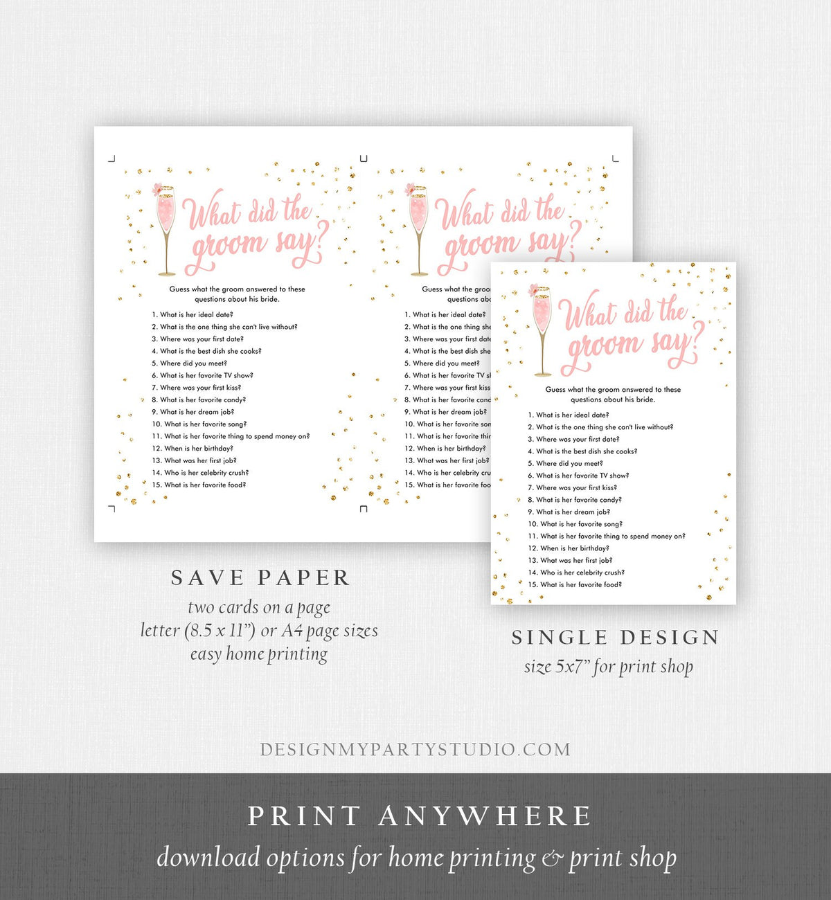 Editable What Did The Groom Say Bridal Shower Game Brunch and Bubbly What Groom Said Wedding Activity Gold Corjl Template Printable 0150