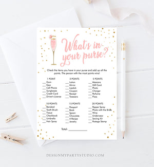 Editable What's In Your Purse Bridal Shower Game Brunch and Bubbly Whats in Purse Wedding Activity Gold Corjl Template Printable 0150