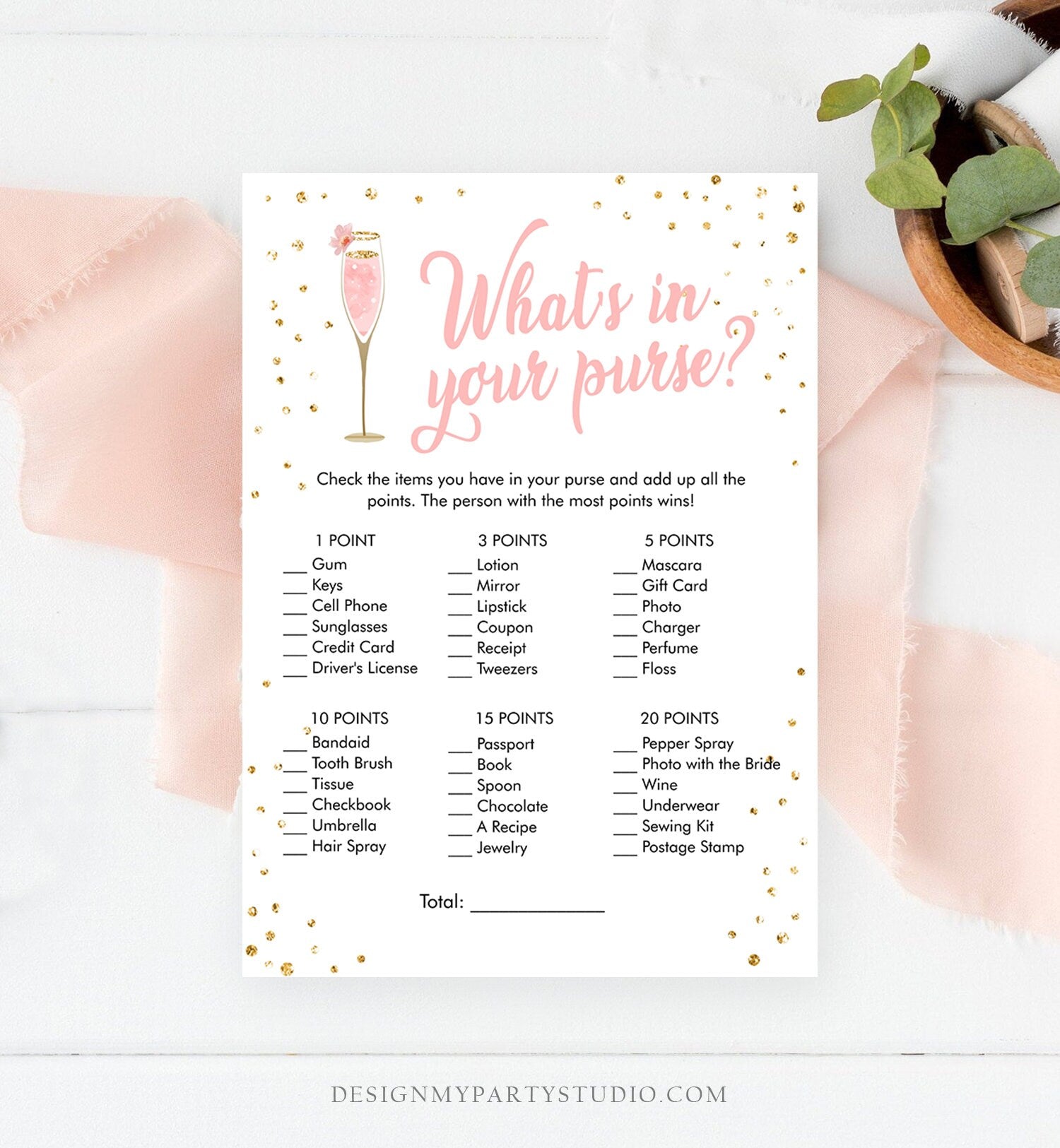 Editable What's In Your Purse Bridal Shower Game Brunch and Bubbly Whats in Purse Wedding Activity Gold Corjl Template Printable 0150
