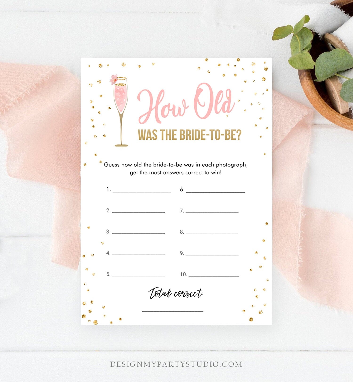 Editable How Old Was The Bride Bridal Shower Game Brunch and Bubbly Photo Bride Groom Wedding Activity Gold Corjl Template Printable 0150