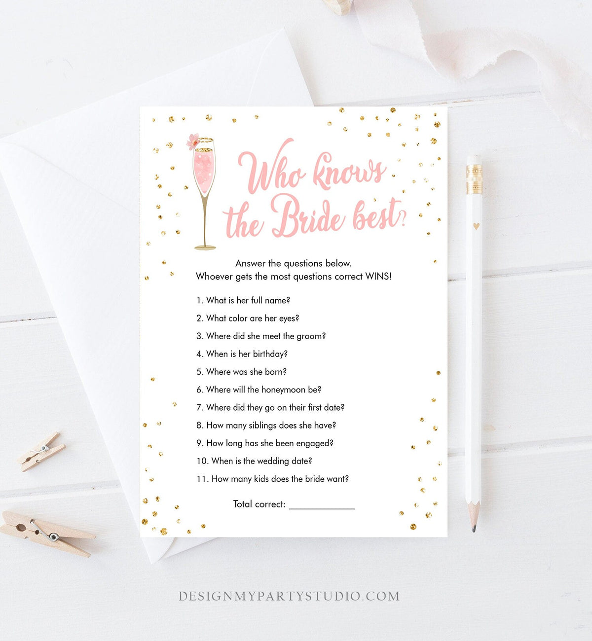 Editable Brunch and Bubbly Bridal Shower Game Bundle Pink Gold Champagne Glass Wine Wedding Activity Gold Corjl Template Printable 0150
