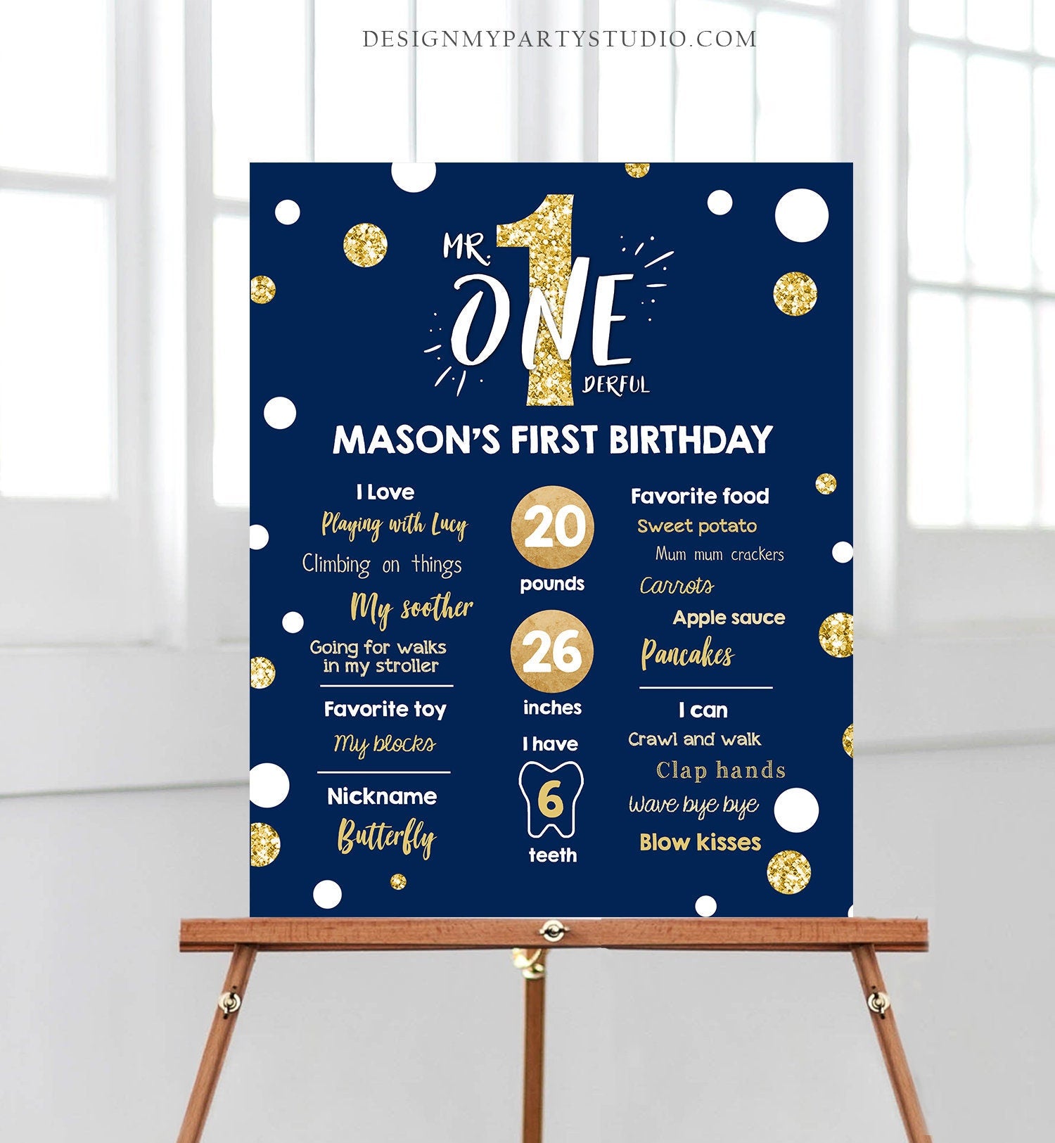 Editable Mr Onederful Birthday Milestones Sign Navy Blue Gold Boy First Birthday Confetti 1st Party Download Corjl Template Printable 0072