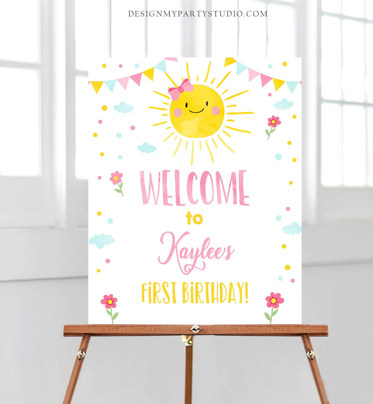 Editable Sunshine Welcome Sign Little Sunshine Birthday Party Pink Girl Lemonade and Fun Stand Summer Digital Template Printable 0141