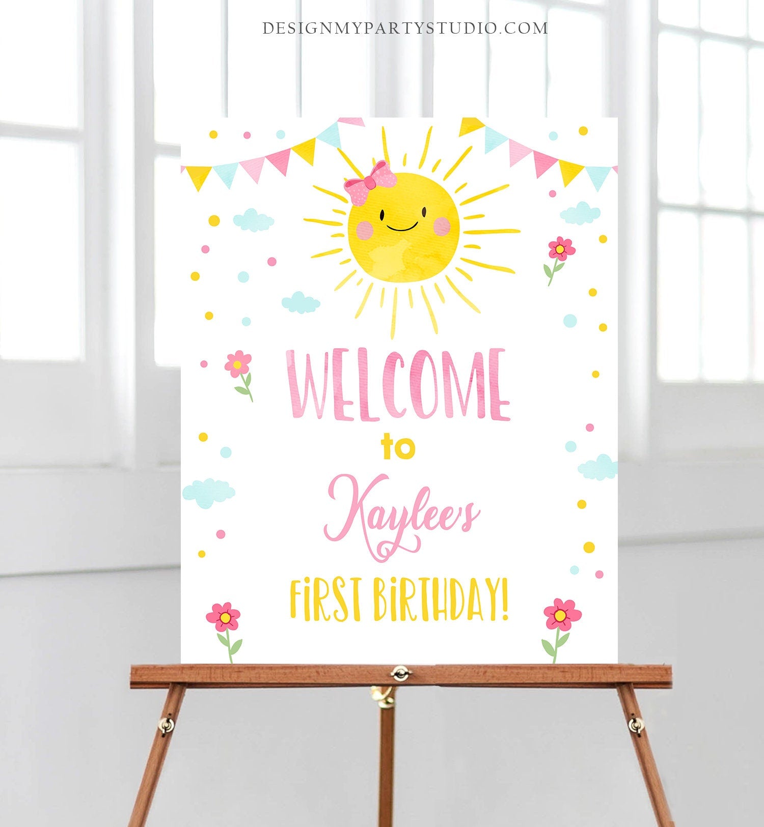 Editable Sunshine Welcome Sign Little Sunshine Birthday Party Pink Girl Lemonade and Fun Stand Summer Digital Template Printable 0141