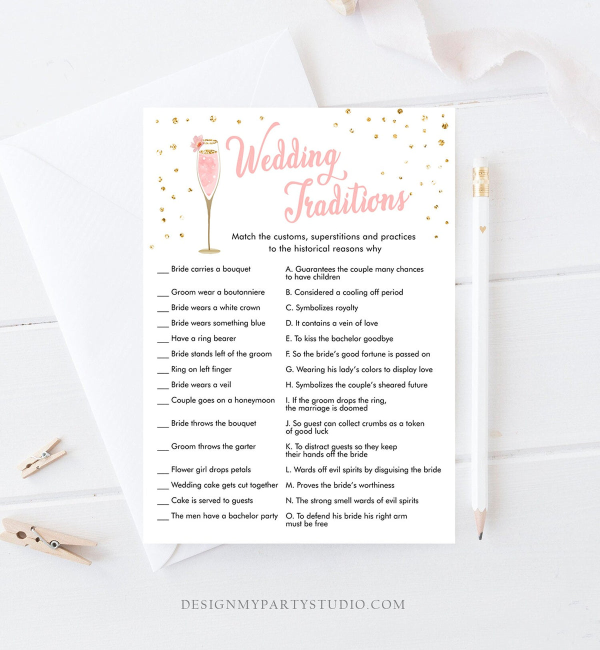 Editable Wedding Traditions Bridal Shower Game Guessing Tradition Brunch and Bubbly Wedding Shower Activity Corjl Template Printable 0150