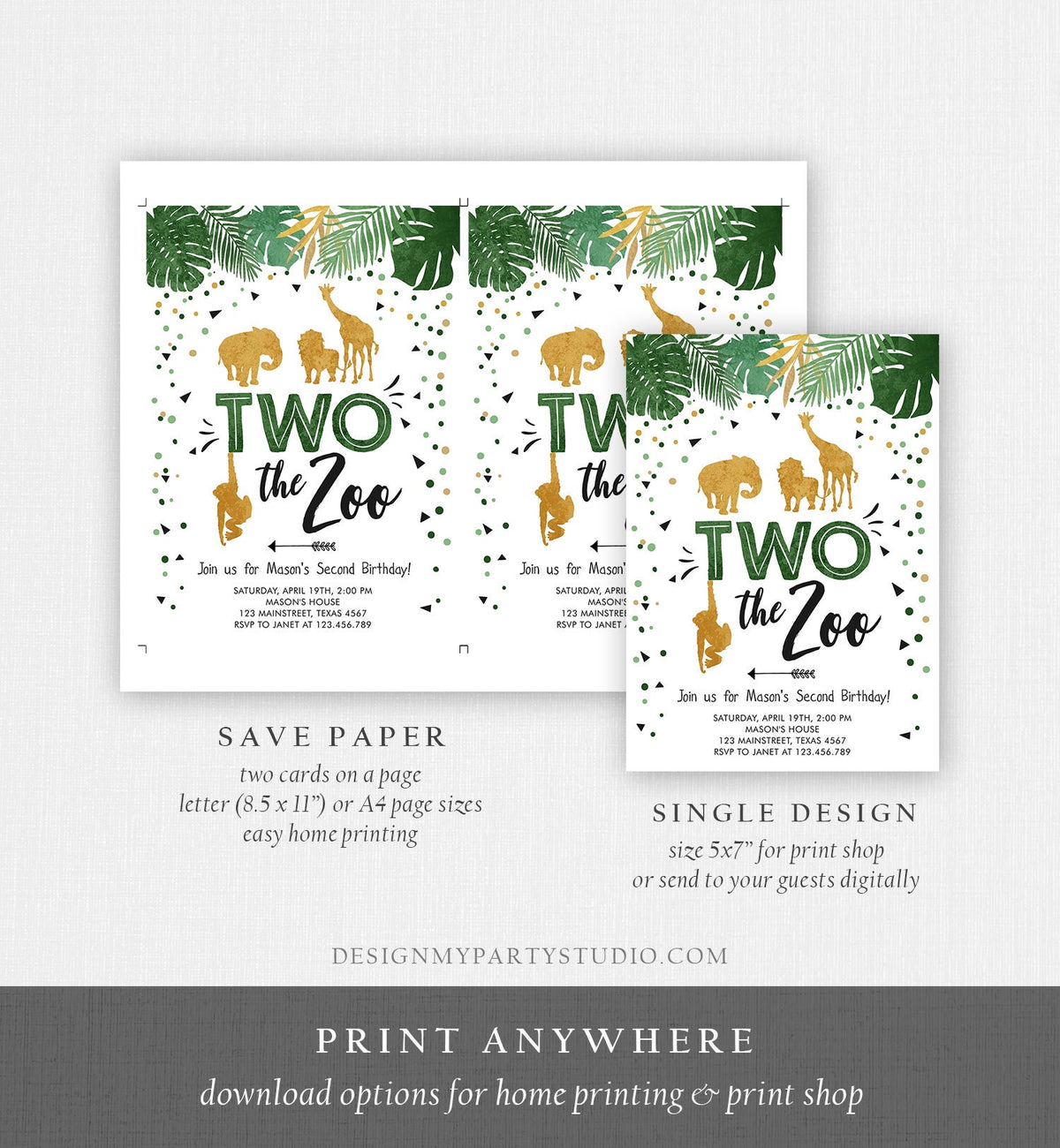 Editable Two the Zoo Birthday Invitation Party Safari Animals Jungle Boy Second Birthday 2nd Two Wild Gold Digital Template Printable 0016