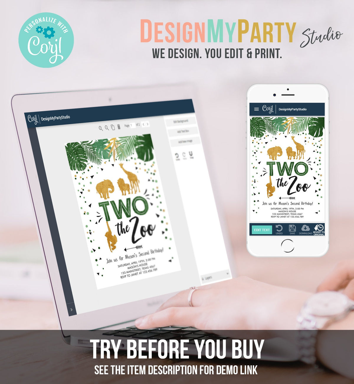 Editable Two the Zoo Birthday Invitation Party Safari Animals Jungle Boy Second Birthday 2nd Two Wild Gold Digital Template Printable 0016